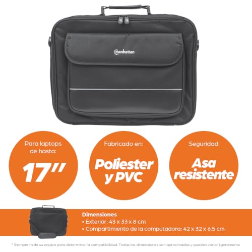 Manhattan 17 Inch Laptop Briefcase Shoulder Bag, Ultra-Lightweight & Padded Compartments, for Carrying Laptop, Notebook, Macbook, Tablet, Black, 3 Yr Mfg Warranty - 421560 | Polyester/PVC shell, cushioned lining, four pockets, 22 lb capacity, under 2 lb w