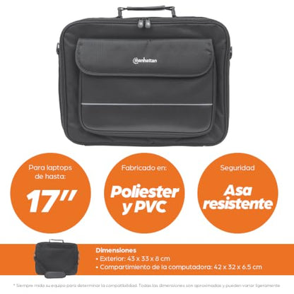 Manhattan 17 Inch Laptop Briefcase Shoulder Bag, Ultra-Lightweight & Padded Compartments, for Carrying Laptop, Notebook, Macbook, Tablet, Black, 3 Yr Mfg Warranty - 421560 | Polyester/PVC shell, cushioned lining, four pockets, 22 lb capacity, under 2 lb w