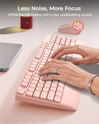 seenda Wireless Bluetooth Ergonomic Keyboard Mouse Combo, Full Size, Pink | USB/Bluetooth multi-device switching, with wrist rest, number pad, and quiet operation for PC, laptop, Mac, MacBook, and iPad - color: Pink