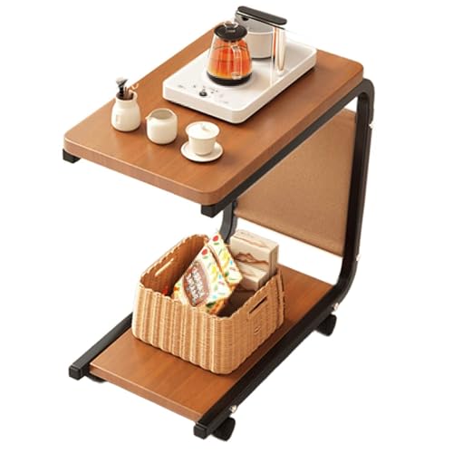 Over Bed Table with Wheels Movable Sofa Side Table with Storage Pockets Space-Saving C-Shaped Side Table with Solid Wood Tabletop for Living Room, Bedroom(Brown) - color: Brown