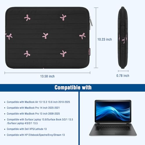 MOSISO 13-14 inch Laptop Case, 13.3 inch Puffy Laptop Sleeve, Black | Compatible with MacBook Neo/Air 13.6/Pro 13/Pro 14, HP Dell ASUS Lenovo, Striped Quilted Computer Bag with Embroidered Bow