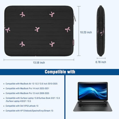 MOSISO 13-14 inch Laptop Case, 13.3 inch Puffy Laptop Sleeve, Black | Compatible with MacBook Neo/Air 13.6/Pro 13/Pro 14, HP Dell ASUS Lenovo, Striped Quilted Computer Bag with Embroidered Bow
