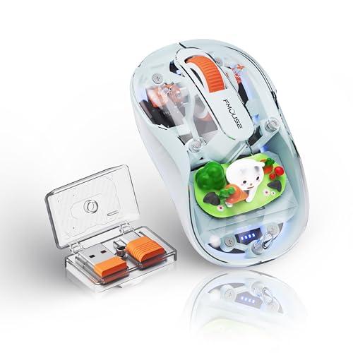 FMOUSE Cute Transparent Mouse, Tri-Mode Wireless, Rechargeable, Blue | USB-A & USB-C Receivers | 2.4G & Dual Bluetooth | Rabbit Figurine | Silent Click | RGB | For MAC, iPad, Laptop - color: Blue