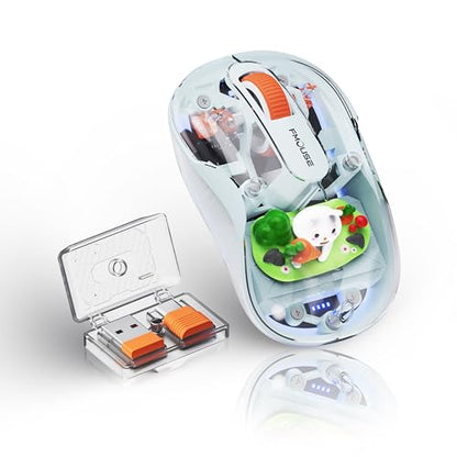 FMOUSE Cute Transparent Mouse, Tri-Mode Wireless, Rechargeable, Blue | USB-A & USB-C Receivers | 2.4G & Dual Bluetooth | Rabbit Figurine | Silent Click | RGB | For MAC, iPad, Laptop - color: Blue