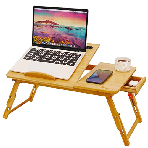 Laptop Desk for Bed, COIWAI Bed Tray,Laptop Lap Desk,Foldable Portable Tray for Sofa Couch Floor, Adjustable Height and Angle, with Tablet Phone Hold Slot,with Storage Drawer - size: 21.7" *13.8" Height/Angle adjust