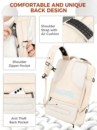 Vancropak Travel Backpack for Women, Airline Approved Carry on Backpack | 3 Packing Cubes, Fits 17" Laptop, Expandable Large 40L Travel Bag, Personal Item Backpack 18x14x8, Anti Theft,Weekend Daypack - color: White Brown