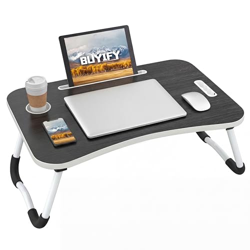 BUYIFY 23" Foldable Lap Desk for Laptop Writing w/Cup Holder Black | Sturdy and Durable, Laptop Bed Desk with Tablet Slot, No Assembly, Space Saving for Bed Couch Dorm WFH Students - color: Black-gold