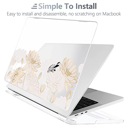 Batianda LumiArt Case for MacBook Air 13.6" M2-M5 Chip, Golden Lotus | 4-in-1 set with gold lotus line flowers design, lightweight slim hard shell protection for elegant, minimal and office user - color: Gold Lotus