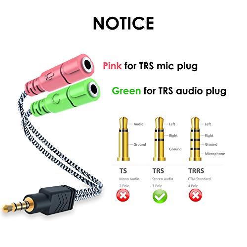 Headset Adapter 3.3 FT 3.5mm Mic and Audio Headphone Splitter for PC | Braided CTIA 4 Pole TRRS Male to 2-TRS Female Jack Stereo Y Cable for Dual-Plug Game Headset to PS4, Xbox, Phone, Laptop, PC - size: 1 Pack / 3.3 Feet