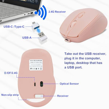Bluetooth Mouse,Rechargeable Wireless for Laptop/iPad/MacBook Pro/Air, Silent Mouse Portable Slim for Surface Pro/PC/Lenovo/Samsung Tablet (Pink) - color: Pink