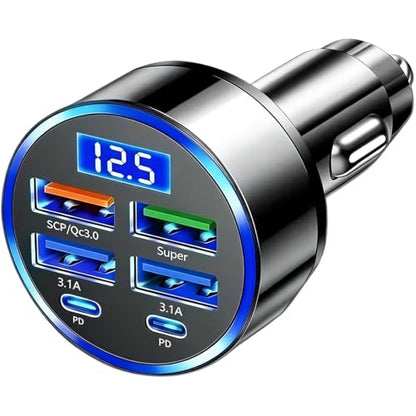 USB C Car Charger Adapter with Voltmeter Compatible with iPhone 16 15 14 13 12 11, Android, Samsung, Super+ QC3.0 6 in 1 Multi-Port Super Fast Charging Cigarette Lighter USB Charger