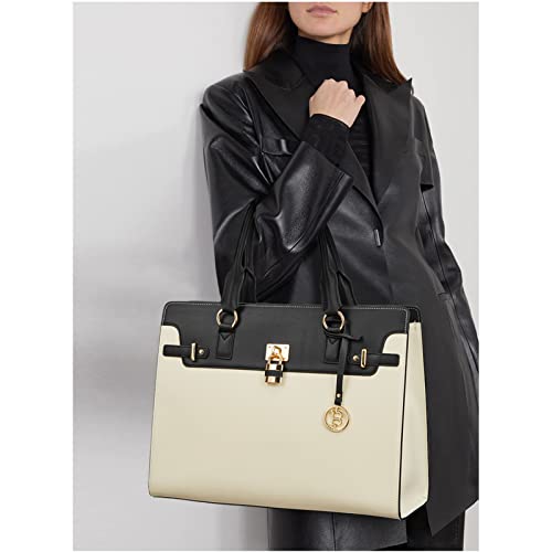 BOSTANTEN Briefcase for Women 15.6 inch Leather Laptop Bag Vintage Slim Lawyer Business Bag Stylish Work Purse - color: F-beige&black