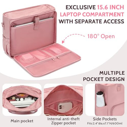 Lunch Tote Bag for Women with 15.6" Laptop Compartment, Work Tote Bag with Insulated Lunch Compartment, Large Casual Canvas Handbag Luncg Bags for Nurse, Teacher, Office, Travel, Beach, Pink - color: Pink