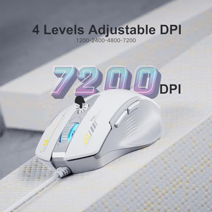 Uineer Wired Mouse, USB-A Computer Mouse with 6 Buttons,Adjustable | Plug-and-play USB-A wired connection with 6 programmable buttons, 7200 DPI and a 1.5 m cable. - color: White