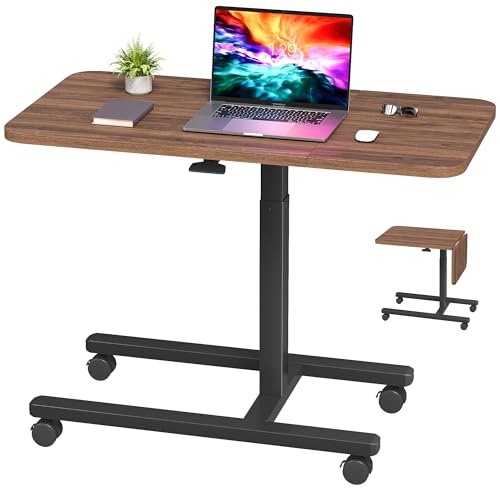 Homkdom C Shaped Table with Wheels for Couch or Sofa, Walnut Brown | Extended Desktop, for Eating on Couch, Bed, or Recliner, Height Adjustable Laptop Desk - color: Walnut Brown