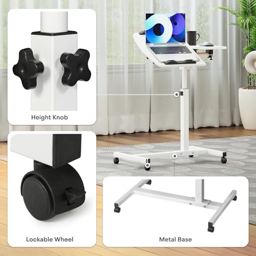 Athena Collection Adjustable Standing Desk with Wheels Overbed Table, White | Height Adjustability(28.5"-39.5"), Smooth-rolling Casters, Rolling Lab Cart with Large Tabletop for Office, Hospital, Clinic - color: White, size: Split Desktop