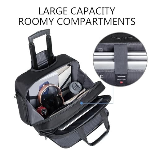KROSER 17.3 Inch Rolling Laptop Computer Bag,Wheeled Briefcase,Roller Case | Multi-compartments, silent wheels,fits airline overhead bins,with luggage strap for business travel