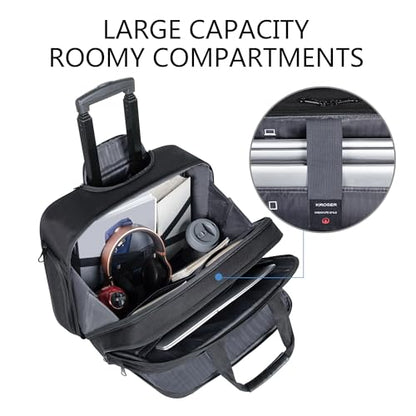 KROSER 17.3 Inch Rolling Laptop Computer Bag,Wheeled Briefcase,Roller Case | Multi-compartments, silent wheels,fits airline overhead bins,with luggage strap for business travel