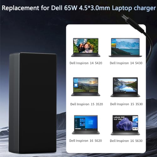 65W 4.5mm Tip Laptop Charger Compatible with Dell Inspiron 14 15 16 | For Dell Inspiron 15 3511 3520 3530 3535 3540 5559 5568 2-in-1, 16 5620 5630 5640 7640, 14 5420 5430 5490 2-in-1 AC Adapter