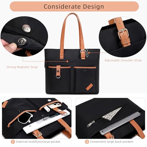 Laptop Bag for Women 15.6 Inch Work Tote Briefcase with USB Nylon Shoulder Handbag for Office Travel Business - color: Black