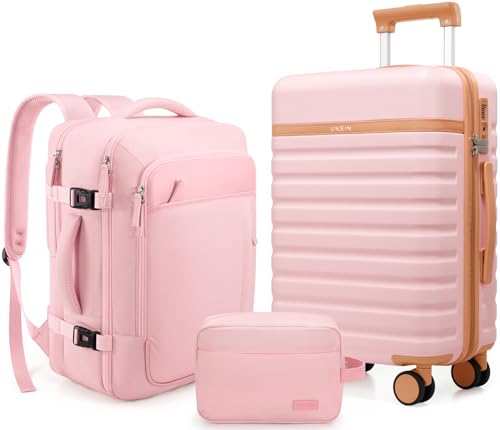UKEIN Luggage Sets 3 Piece, PC Hardside Carry On Luggage 24 Inch With Spinner Wheels with TSA Lock, Large Suitcase Set With Travel Backpack (Pink, 3 piece set (24inch)) - color: Pink, size: 3 piece set (24inch)