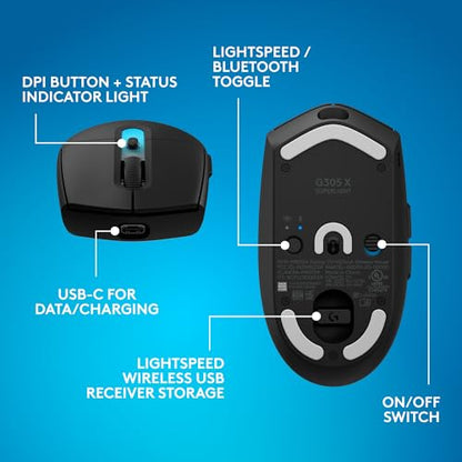 Logitech G305 X SUPERLIGHT Wireless Gaming Mouse, Lightweight 59g, HERO 44K Sensor, RGB lighting, LIGHTSPEED and Bluetooth, 130+ Hr Battery Life, 6 Programmable Buttons, Compatible with PC/Mac - Black - color: Black, style: Superlight