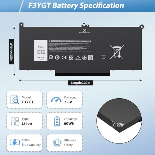 60Wh F3YGT 7490 7480 Battery Replacement for Dell Latitude 12 7000 7280 7290/13 7000 7380 7390 P29S002/14 7000 7480 7490 P28S P28S001 P73G P73G002 DM3WC DM6WC 2X39G KG7VF 451-BBYE 453-BBCF - style: F3YGT