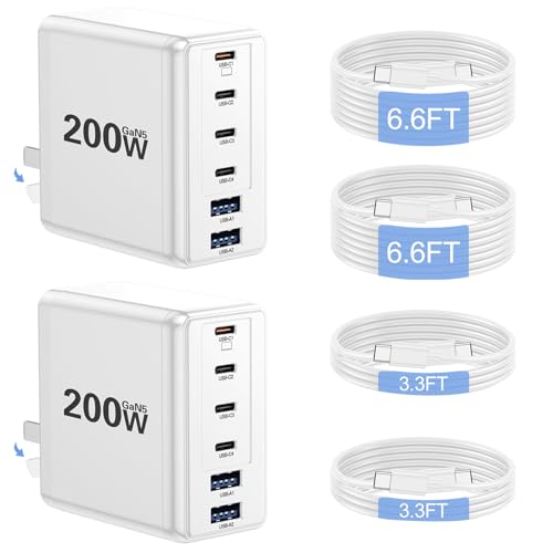 2 Pack 200W USB C Charger, Laptop Fast Charger, 6-Port Wall Charger Type C Charging Block Power Adapter for MacBook Pro, Dell XPS, iPhone 17, iPad, Tablet, Chromebook and More (White)
