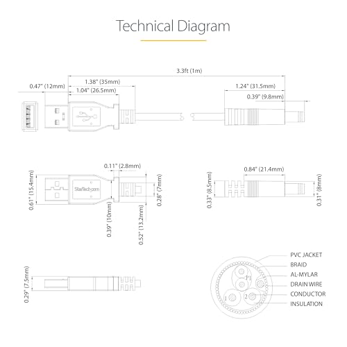 StarTech 1m USB to Type N Barrel 5V DC Cable, 5.5mm (USB2TYPEN1M) - size: 3 ft / 1m, style: Type N