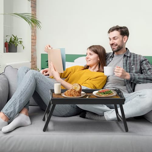 Tray Table for Bed, Bamboo Breakfast Serving Tray with Folding Legs and Handles, Laptop and Snack Bed Table with Cross Bar & Media Slot, Dark Brown with Black Legs, for Bedroom, Sofa, Kitchen - color: Brownish-black