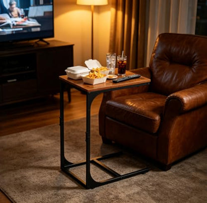 WLIVE C Shaped End Table, Small Couch Side Tables with Metal Frame that Slide Under, Sofa Table TV Tray for Living Room, Bedroom, Rustic Brown - color: Rustic Brown