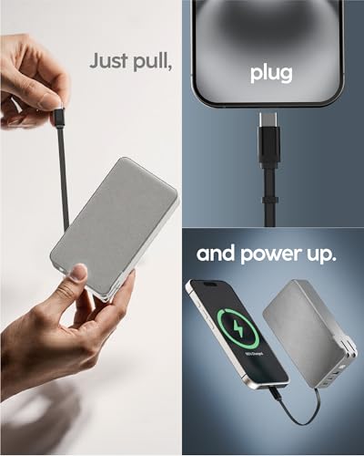 myCharge RetractaCharger 10000mAh Portable Charger Power Bank with 28-Inch Retractable USB-C Cable | Built-in Wall Plug | 30W PD Fast Charging | USB-C & A Ports | Digital Display | Grey - color: With Wall Plug