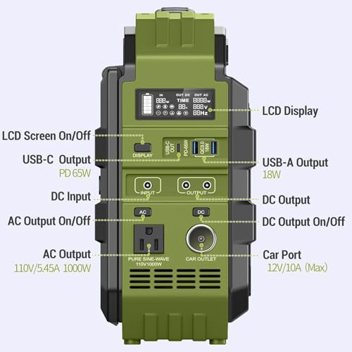 BROWEY Portable Power Station, 1000W (Peak 2000W) Solar Generator with Built-in Solar Panel, 614WH LiFePO4 Battery Pack, AC/DC/USB/PD Outputs, for Outdoor Camping, RV Travel, Emergency Preparedness - style: S1000 Green