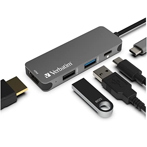 Verbatim 4-in-1 USB C Hub - Type C Hub w/ 60W Power Delivery, USB 3.0 Hub & 2.0 Ports, USB-C Hub w/ 4K HDMI Output, Compact & Portable USB Hub for Laptop - color: 4 in 1 Hub