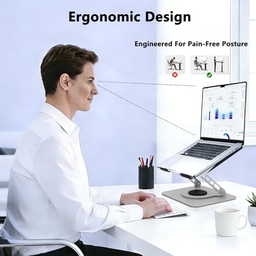 360 Rotation Laptop Stand, Multi-Angle Adjustable Laptop Holder Riser Stable Base Fully Foldable Easy to Storage and Portable Fit for MacBook Pro/Air HP 14 All Under 16” Devices (Silvery) - color: Silvery
