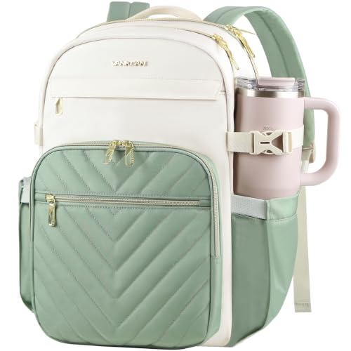 VANKEAN Laptop Backpack for Women with Pouch Pocket for Large Capacity Tumbler, 15.6 Inch Laptop Computer Bag Travel Backpack Purse,Waterproof Work Business Teacher Bags, Beige-Light Green - color: Beige Light Green, size: 15.6 Inch