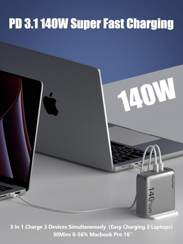 140W GaN+ USB C Charger 100W Laptop Fast Charger PD3.1 PPS 3-Port USB C Wall Charger Power Adapter for MacBook Pro 16'', Dell XPS, iPhone 16/15 Pro Max, iPad Pro, Tablet, Chromebook (Gray)