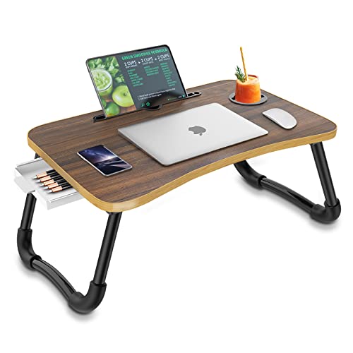 Zapuno Foldable Laptop Bed Table Multi-Function Lap Bed Tray Table with Storage Drawer and Water Bottle Holder, Serving Tray Dining Table with Slot for Eating, Working on Bed/Couch/Sofa - color: Beige1