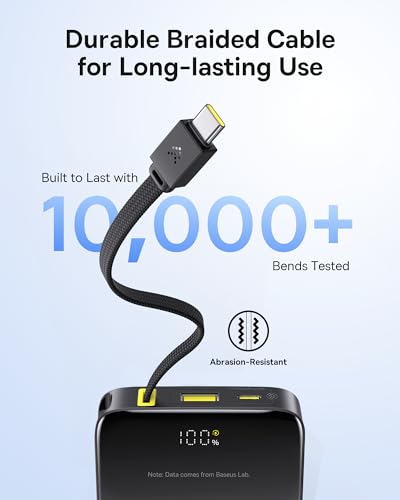Baseus Portable Charger, 10000mAh Fast Charging Power Bank, 22.5W PD3.0 QC3.0 Battery Pack Built-in USB C Braided Cable, Travel Essentials for iPhone 17 16 15, iPad, S25/S24, Indoor/Outdoor, Travel