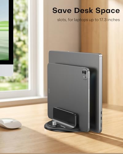 OMOTON VL04 360° Rotating Vertical Laptop Stand Holder, Aluminum Dual-Slot Desk Organizer for MacBook & iPad, Sides Knob Adjustment (No Lost Screws), Holds Laptop, Tablet & Keyboard, Fits up to 17.3"