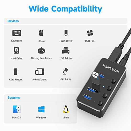 RSHTECH 4 Port Powered USB 3.0/USB C Hub Upgraded Version with 2-in-1 3.3ft USB Cable,5V Power Adapter and Individual Switches, Portable Aluminum USB Splitter for Laptop and PC, RSH-ST04 - size: 4-Port USB 3.0/USB C Hub
