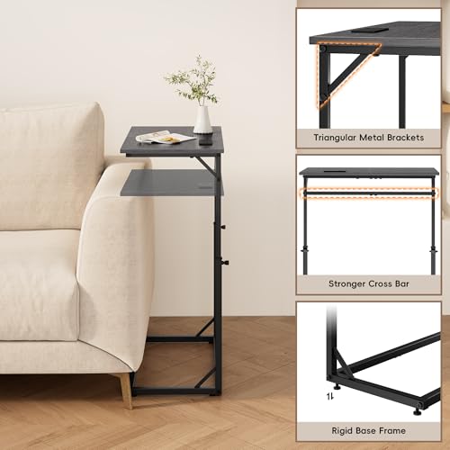 C Shaped End Table with Charging Station, Large C-Table End Table Adjustable Height Side Table for Couch, Sofa Table Slide Under Couch Table TV Tray Table for Living Room, Bedroom,Gray Walnut - color: Gray Walnut, style: With Plug