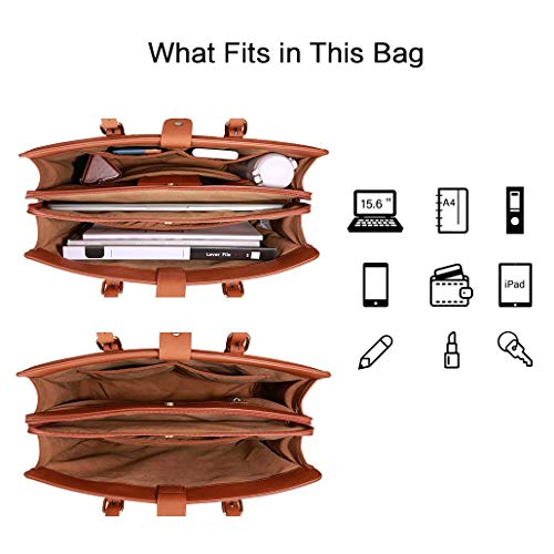 ECOSUSI Laptop Bag For Women 15.6 Inch Work Tote Bags PU Leather Computer Purse For Business Office With 3 Layer Compartments - color: Brown