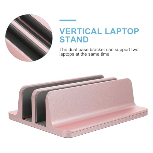 balacoo Aluminum Alloy Dual-Slot Laptop Stand Vertical Holder with Storage Rose Gold Desk Base for Home Office Use Compatible with Tablets and Notebooks