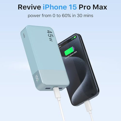 NOBIS Portable Charger 45W 20000mAh Power Bank Fast Charging | 2C+2A Battery Pack with C to C Cable, Battery Bank with Digital Display for iPhone Android Laptop etc - color: Light Blue