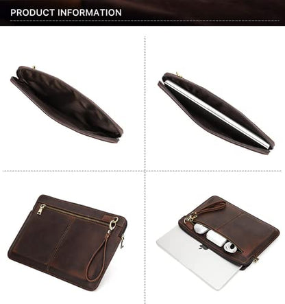 Top Grain Leather 14.2" Laptop Case Bag, Zip Pockets Design, Compatible with MacBook Air 13" M2 A2681 M1 A2337 A2179 A1932/Pro 13" M2 M1 A2338 A2251 A2289 A2159 A1989 A1706, Coffee 14.2 Inch - color: 【Bag】Horizontal Zip & 2 Pockets - Coffee, size: 14.2" -
