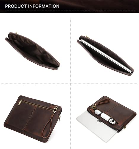Top Grain Leather 14.2" Laptop Case Bag, Zip Pockets Design, Compatible with MacBook Air 13" M2 A2681 M1 A2337 A2179 A1932/Pro 13" M2 M1 A2338 A2251 A2289 A2159 A1989 A1706, Coffee 14.2 Inch - color: 【Bag】Horizontal Zip & 2 Pockets - Coffee, size: 14.2" -