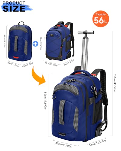 2-in-1 Detachable Backpack with wheels,56L Large rolling backpack-Splits into Daypack & Laptop Backpack Fits 17 Inch Laptop,Water Resistant Luggage suitcase,Air Travel,Weekend Trips - color: Blue