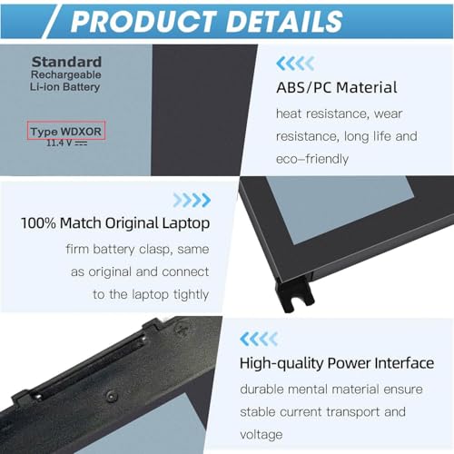 42Wh WDX0R Battery Replacement for Dell Inspiron 13 15 5000 7000 Series | 7573 5570 7579 7378 5567 5565 5379 Latitude 3490 3590 3340 3400 3390 3500 Vostro 5568 P69G P58f P66F WDXOR 11.4V - size: 8*4.5*0.26inch WDX0R