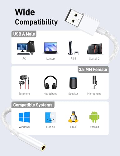 6 Pack USB to 3.5mm Audio Jack Adapter, Audio Aux Cable External Stereo Sound Card, USB to 3.5mm TRRS Female Headset for PS5 PS4 Headphone PC Laptop Linux Desktops and More Device - size: 6 Pack